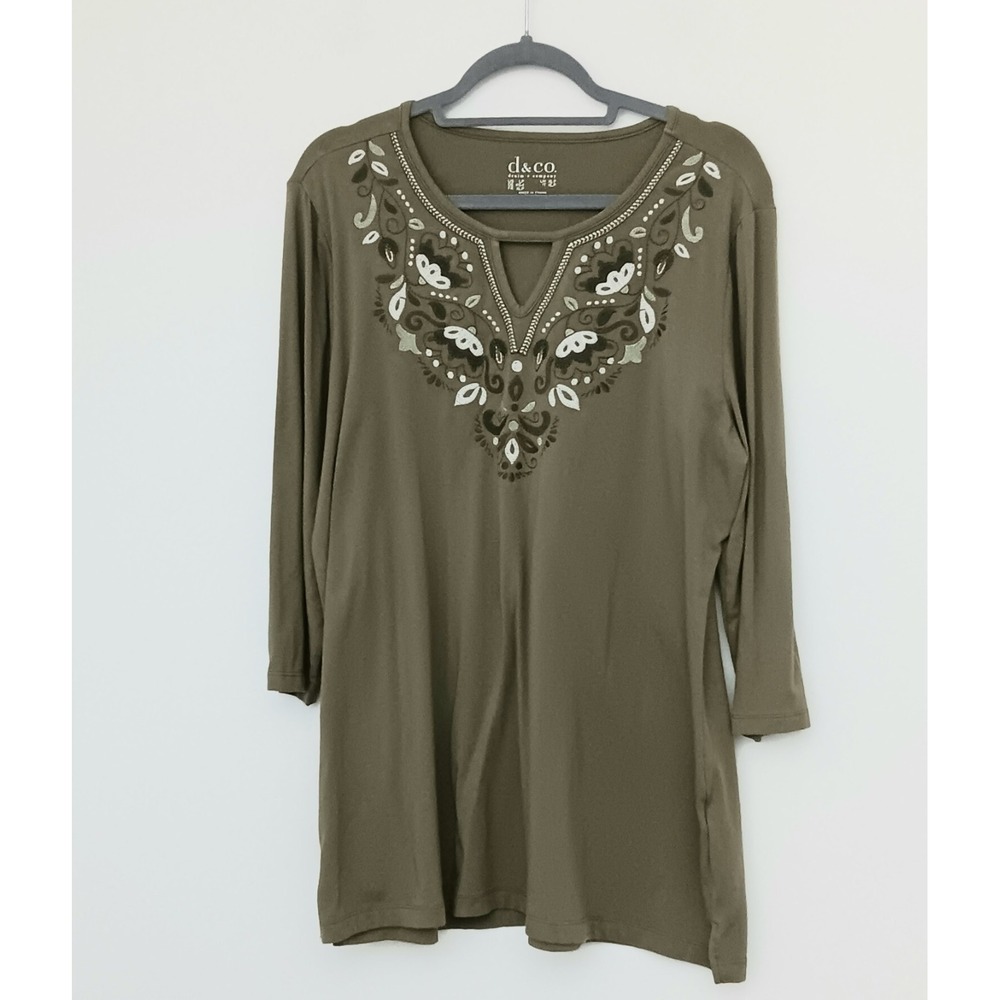 Denim & Co. Tunic Women's Size L Green Embroidered Round Neck Keyhole Petite‎